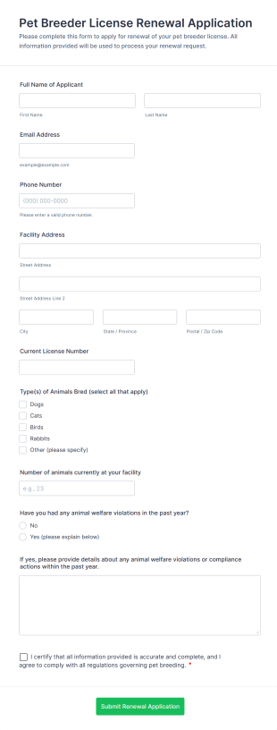 Pet Breeder License Renewal Application Form Template