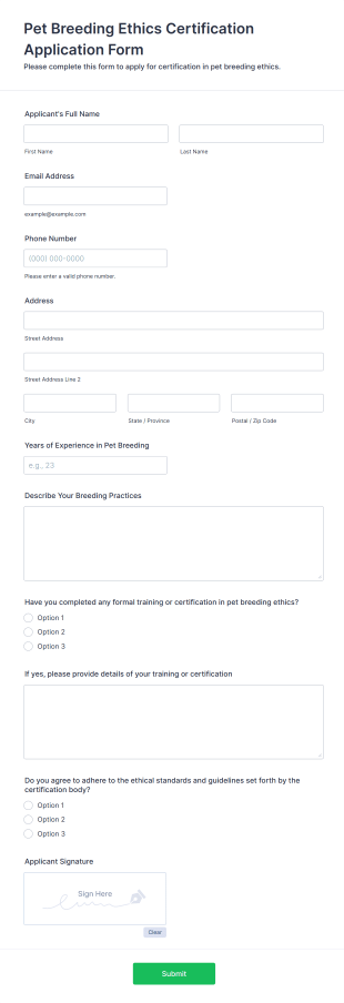 Pet Breeding Ethics Certification Application Form Form Template
