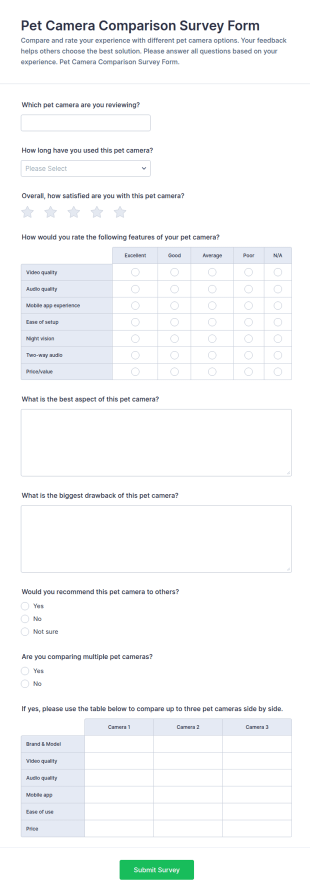 Pet Camera Comparison Survey Form Template