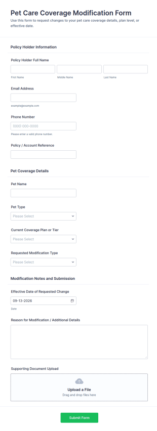 Pet Care Coverage Modification Form Template