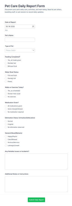 Pet Care Daily Report Form Template