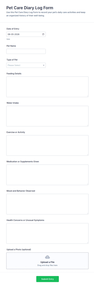 Pet Care Diary Log Form Template