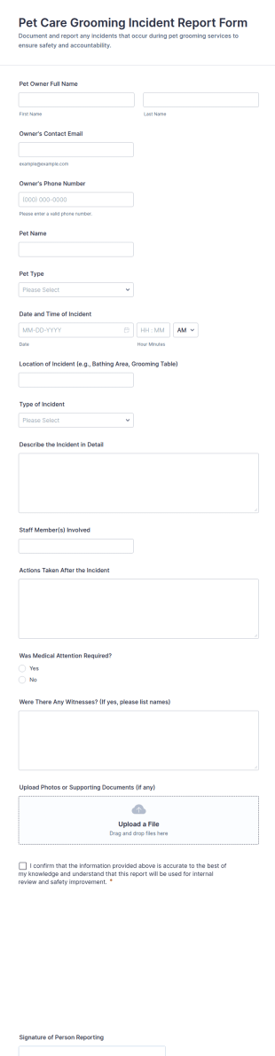 Pet Care Grooming Incident Report Form Template