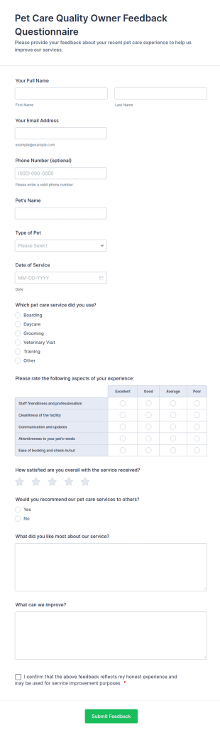 Pet Care Quality Owner Feedback Questionnaire Form Template