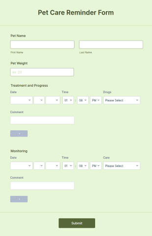 Pet Care Reminder Form Template