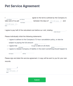Pet Care Service Agreement Form Template