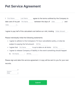 Pet Care Service Agreement Form Template