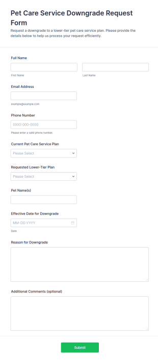 Pet Care Service Downgrade Request Form Template