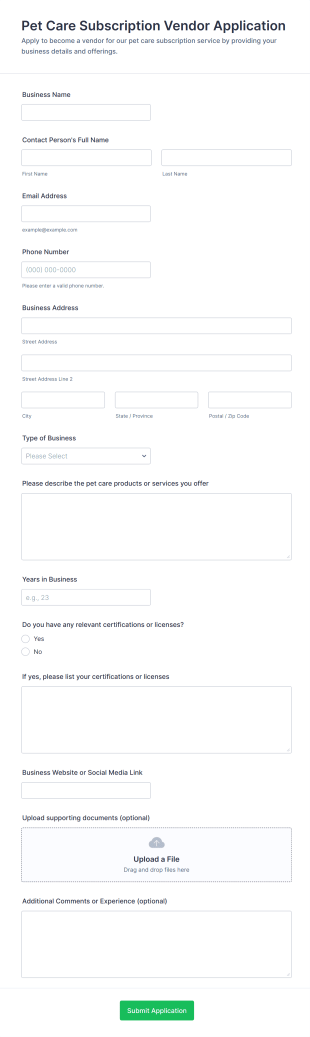 Pet Care Subscription Vendor Application Form Template