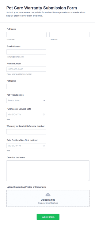 Pet Care Warranty Submission Form Template