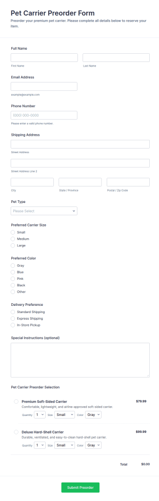 Pet Carrier Preorder Form Template