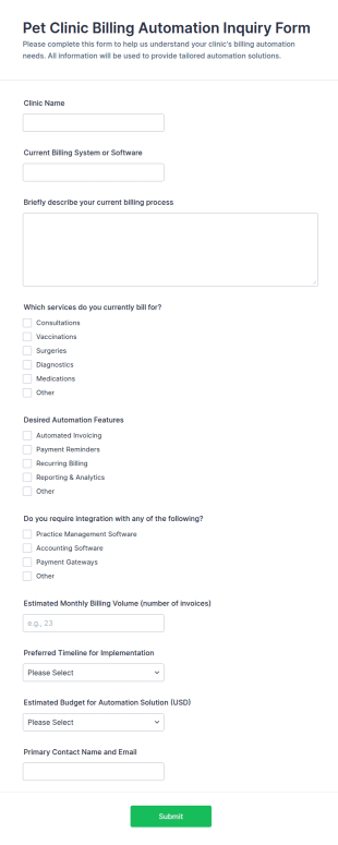 Pet Clinic Billing Automation Inquiry Form Template