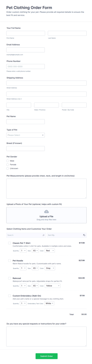 Pet Clothing Order Form Template