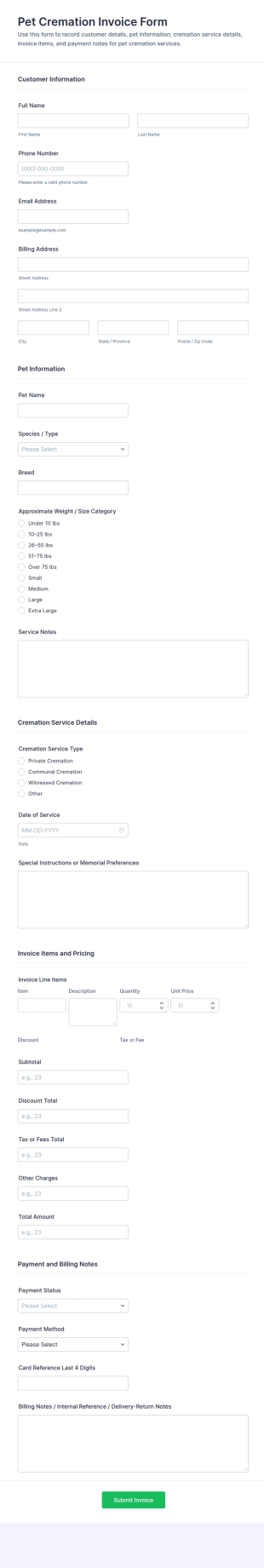 Pet Cremation Invoice Form Template