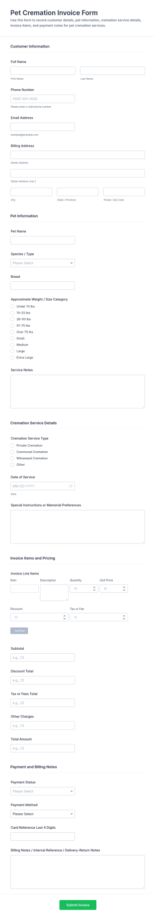 Pet Cremation Invoice Form Template