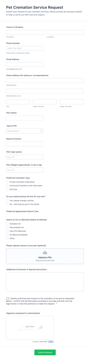 Pet Cremation Service Request Form Template