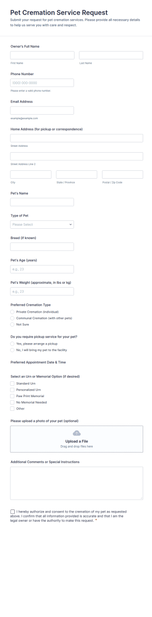 Pet Cremation Service Request Form Template