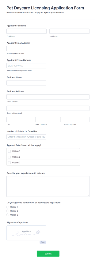 Pet Daycare Licensing Application Form Form Template