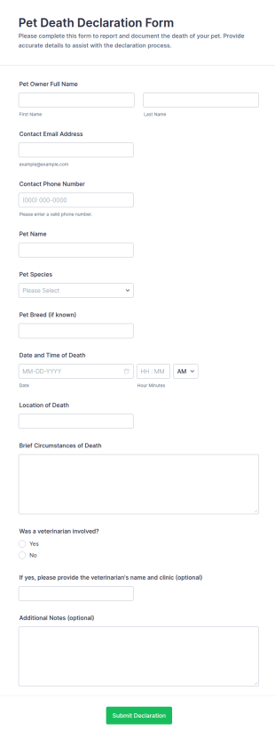 Pet Death Declaration Form Template