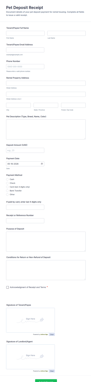 Pet Deposit Receipt Form Template
