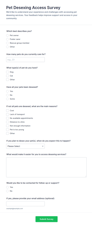 Pet Desexing Access Survey Form Template