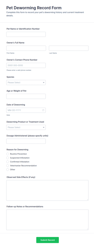 Pet Deworming Record Form Template