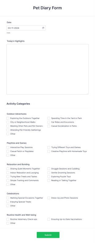 Pet Diary Form Template