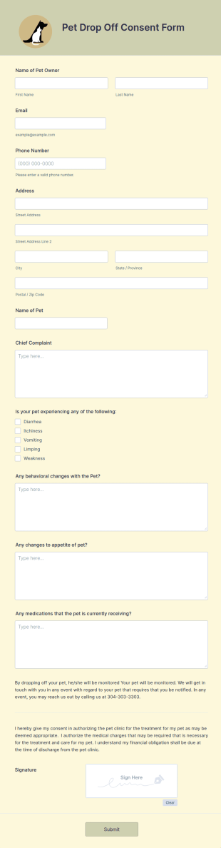 Pet Drop Off Consent Form Template