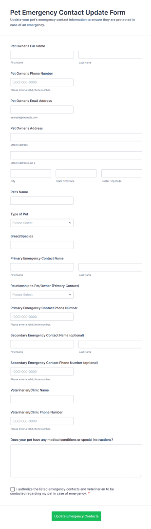Pet Emergency Contact Update Form Template