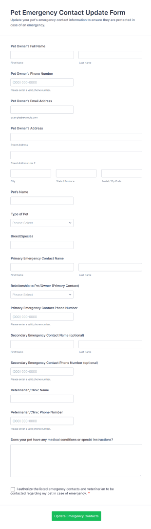 Pet Emergency Contact Update Form Template