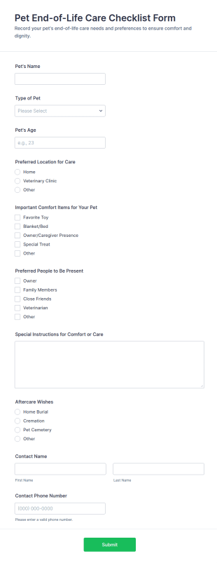 Pet End Of Life Care Checklist Form Template