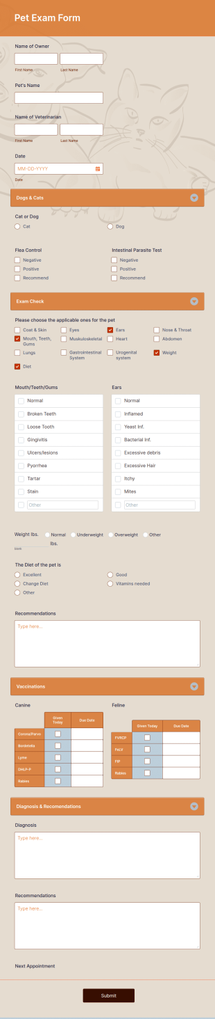 Pet Exam Form Template