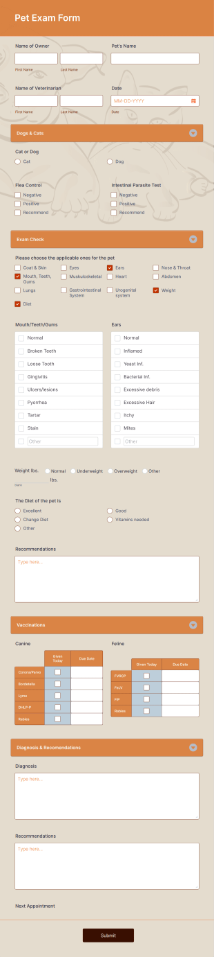 Pet Exam Form Template