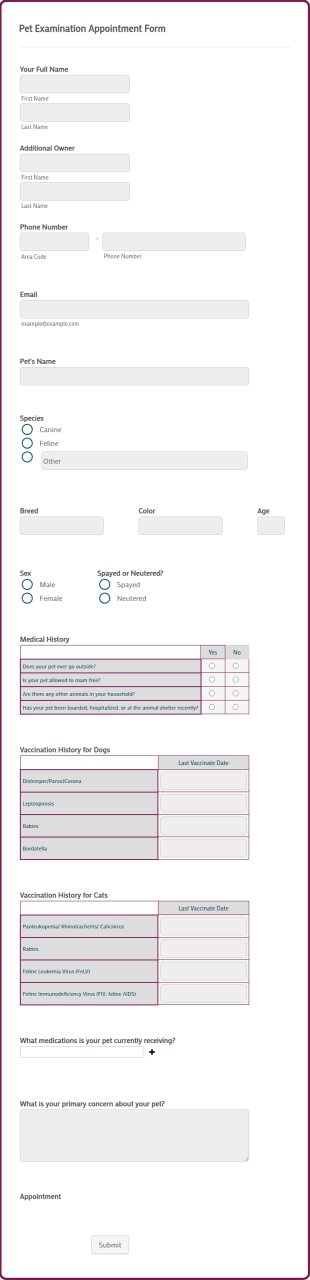Pet Examination Appointment Form Template