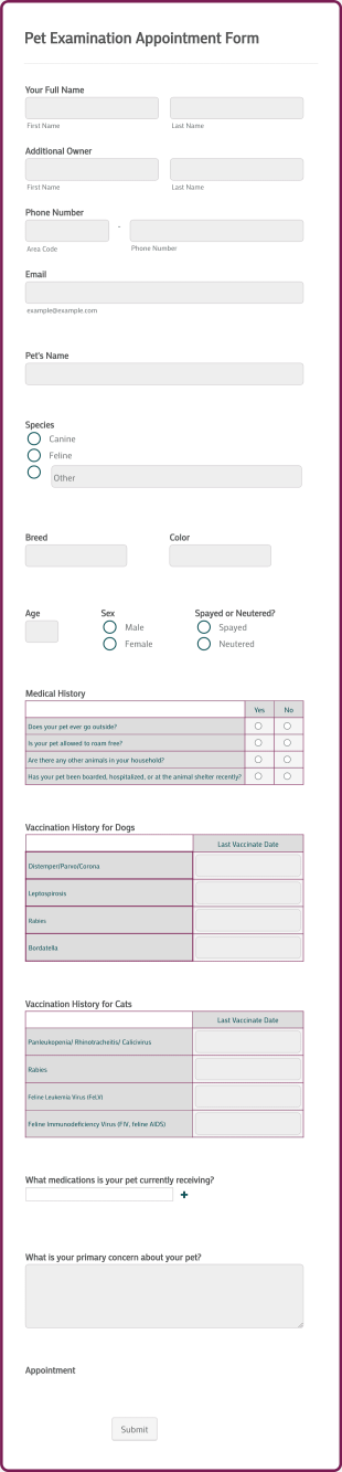 Pet Examination Appointment Form Template