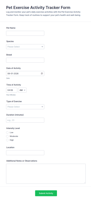 Pet Exercise Activity Tracker Form Template