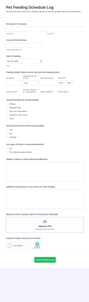 Pet Feeding Schedule Log Form Template