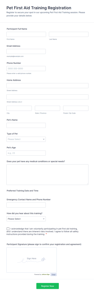 Pet First Aid Training Registration Form Template