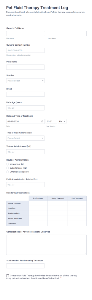 Pet Fluid Therapy Treatment Log Form Template