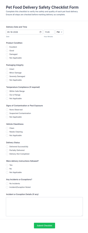 Pet Food Delivery Safety Checklist Form Template