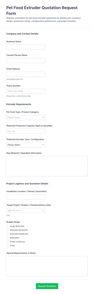 Pet Food Extruder Quotation Request Form Template