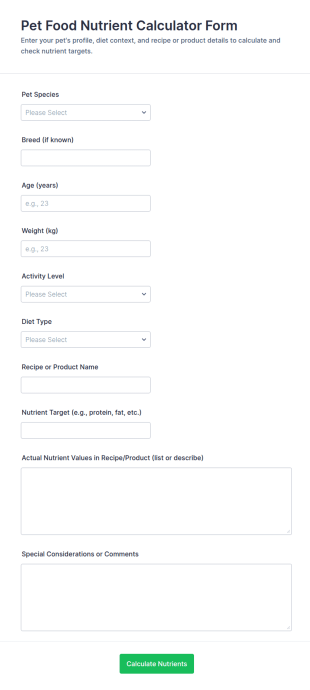 Pet Food Nutrient Calculator Form Template