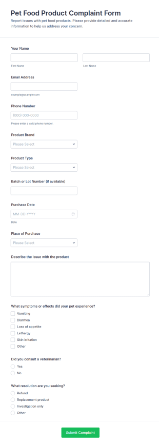 Pet Food Product Complaint Form Template