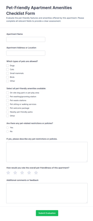 Pet Friendly Apartment Amenities Checklist Form Template
