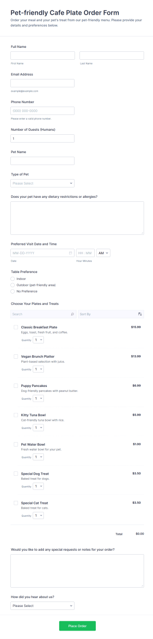 Pet Friendly Cafe Plate Order Form Template