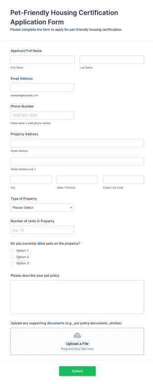 Pet Friendly Housing Certification Application Form Template