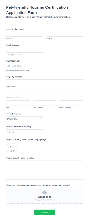 Pet Friendly Housing Certification Application Form Template