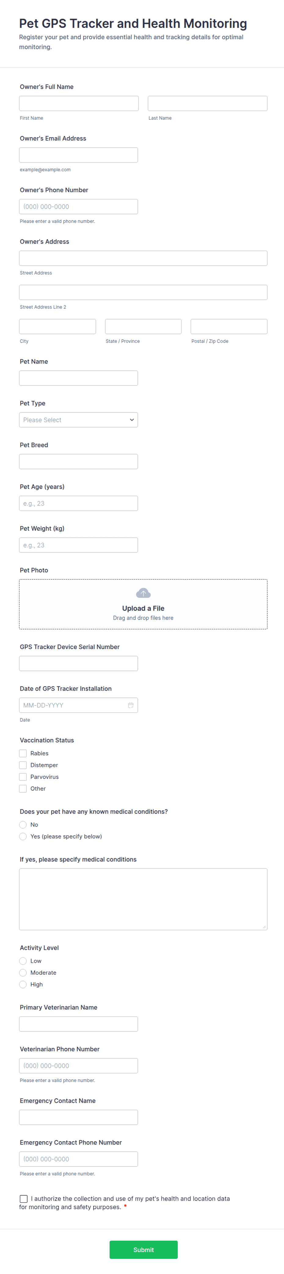 Pet GPS Tracker and Health Monitoring Form Template | Jotform