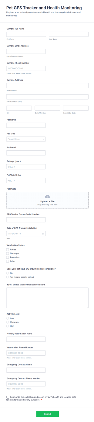 Pet GPS Tracker And Health Monitoring Form Template