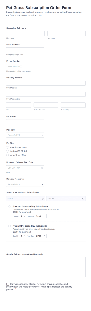 Pet Grass Subscription Order Form Template
